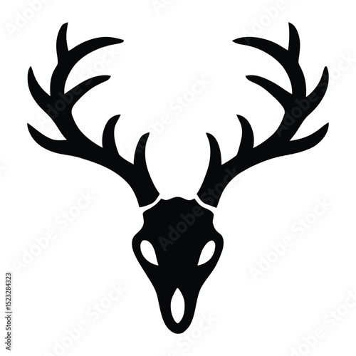 Black silhouette of a deer skull and antlers illustration against a white background image graphic
