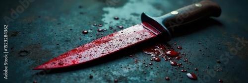 A close-up shot of a bloodied knife lying on a dark, textured surface; ominous shadows and details highlight the weapon's sharpness and the severity of the bloodstains , crime scene, dangerous, crime