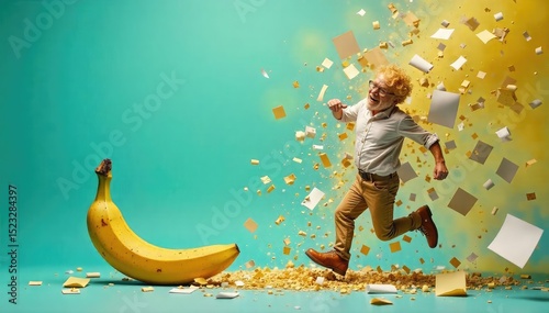 A clumsy figure trips over a banana peel, sending a stack of papers flying in comical chaos The scene is brightly lit, emphasizing the absurdity of the situation , trip, hilarious photo