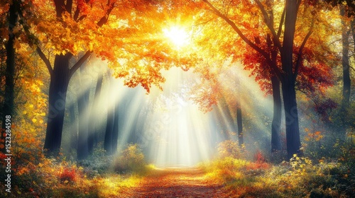 Autumn sunbeams through a forest