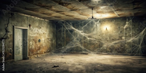 A dimly lit empty room with a gunge wall and marble floor