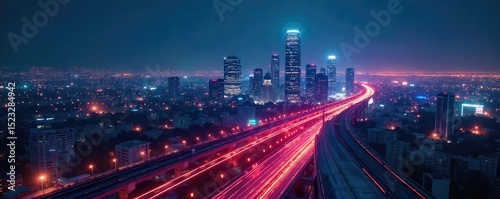 A futuristic cityscape at night, with glowing lines connecting buildings, symbolizing the interconnectedness of the internet, a digital web of information and communication , energy, data, night