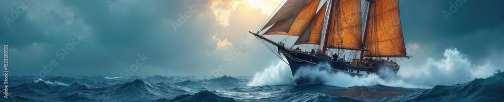 Obraz premium A majestic sailing ship battles a furious storm at sea, waves crashing against its hull, conveying a sense of powerful, untamed emotion , marine, voyage