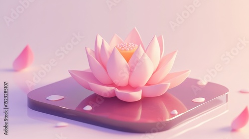 A stylized pink lotus blossom rests on a reflective, square platform, surrounded by fallen petals and water droplets, rendered in a soft, pastel palette