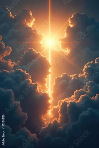 A single, ethereal light beam pierces through dark clouds, symbolizing hope and spiritual liberation Perfect for religious, spiritual, and inspirational themes , spiritual, hope, forgiveness