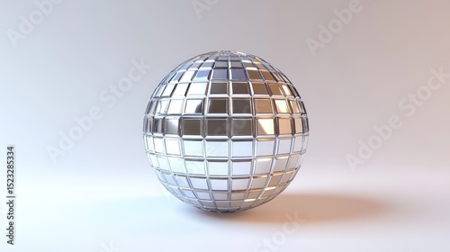 A chrome sphere composed of numerous small, square, reflective facets sits on a minimalist white background, casting a subtle shadow