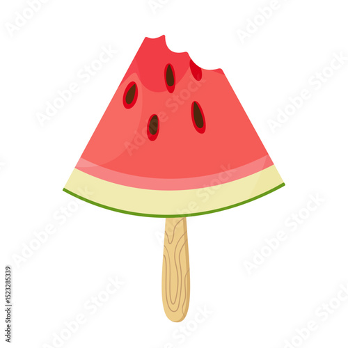 Bitten Watermelon Slice on Stick. Ripe red watermelon. Hand drawn trendy flat style isolated icon on transparent background. three watermelon segments. For card design, print, banner, packaging, label