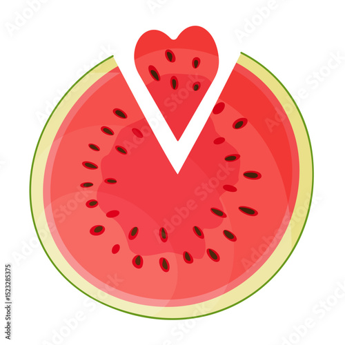 Slice red watermelon with heart shaped segment cut out. Botanical fruit Hand drawn trendy flat style isolated icon on a transparent background. Perfect for card design, print, banner, packaging, label