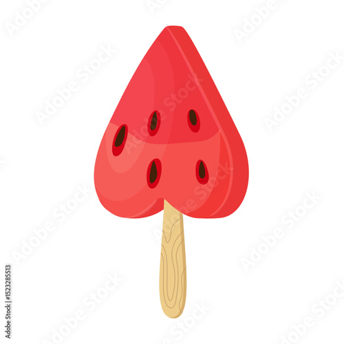 Heart shaped watermelon slice on stick. Red watermelon. Hand drawn trendy flat style isolated icon on transparent background. three watermelon segments. For card, print, banner, packaging, label