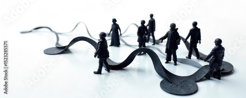 A stark white background showcases the concept of complicity, symbolized by subtly intertwined dark shapes, suggesting hidden connections and shared responsibility , shared responsibility, subtle