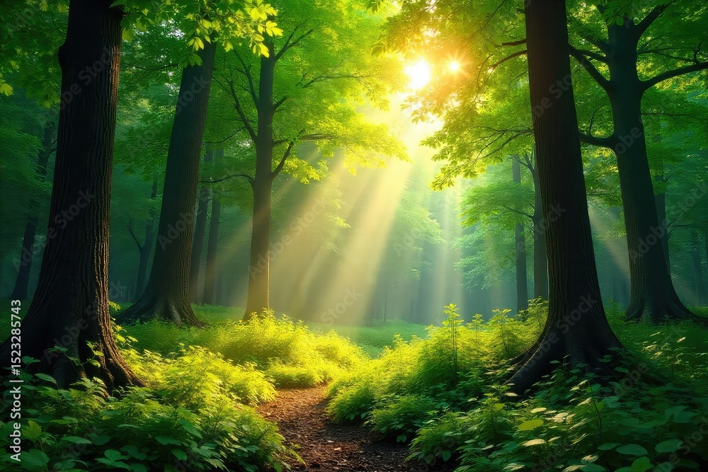 Obraz premium Golden sunlight streams through lush green canopy in a vibrant summer forest, illuminating dappled shadows on the forest floor Perfect for nature, ecology, and environmental themes , flora, summer