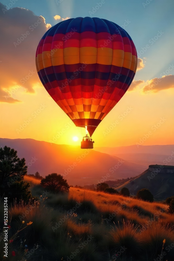 Fototapeta premium A vibrant hot air balloon gracefully ascends against a breathtaking sunrise, casting long shadows across a serene landscape Perfect for travel, adventure, and freedom themes , clouds, journey