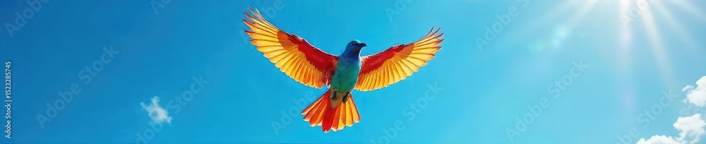 Obraz premium A vibrant, colorful bird takes flight, wings outstretched against a bright blue sky, symbolizing the boundless feeling of freedom The image evokes feelings of liberation and joy , free, wild