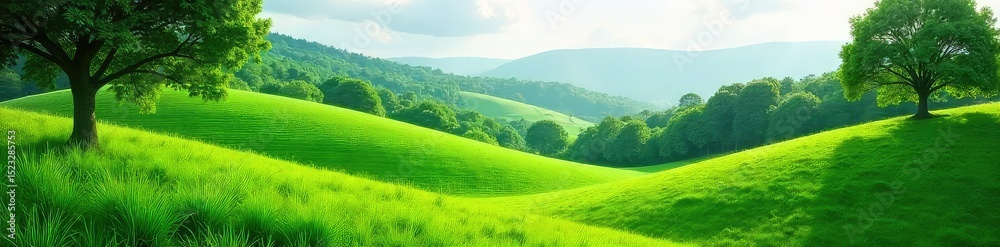 Obraz premium A vibrant, lush green landscape featuring rolling hills, abundant foliage, and a tranquil atmosphere Perfect for nature, environmental, and healthy living themes , plants, ecosystem