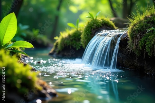 A vibrant, close-up shot of a natural spring overflowing with crystal-clear water, lush green plants surrounding the source, suggesting rejuvenation and healing , macro, spring water