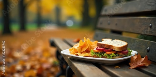 A half-eaten lunch of sandwiches, fruit, and chips sits abandoned on a park bench, leaves scattered around it Autumnal colors dominate the scene, suggesting a hasty departure , lunch, tranquil