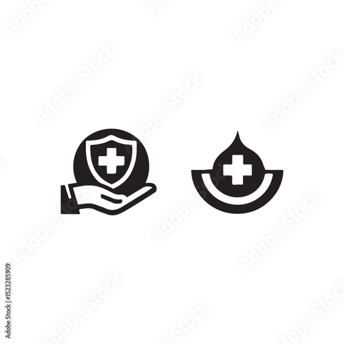 Hand holding a shield with a medical cross, symbolizing protection and healthcare.Two black and white, simple vector graphic icons.