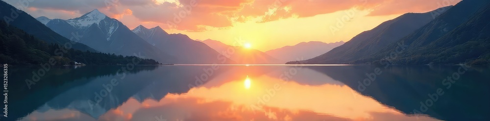 Fototapeta premium A serene landscape reflecting in a still lake at dawn, creating a perfect mirrored image The sun rises behind tranquil mountains, casting a golden hue on the water , beautiful, existence
