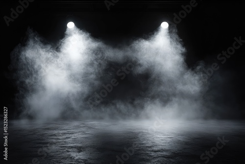 Two bright spotlights illuminate a smoky, dark room with a reflective floor, creating a dramatic, atmospheric scene