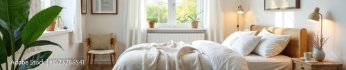 Cozy single bedroom with white walls, simple decor, and a comfortable bed, perfect for a peaceful night's sleep Natural light streams through the window , lamp, decor