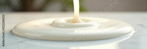 Creamy white liquid cascading down a smooth surface, creating soft, flowing textures and ripples The background is blurred, focusing attention on the luscious, decadent movement , cascade, cream