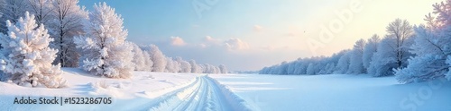 Frozen winter wonderland scene A blanket of fresh snow covers a frosted landscape under a clear, cold January sky Perfect for winter, nature, and seasonal themes , christmas, frost, sparkle