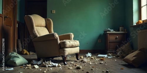 A distressed, overturned chair sits amidst scattered belongings, suggesting a struggle and aftermath of domestic violence The image conveys a sense of chaos and upheaval , aftermath, unsettling