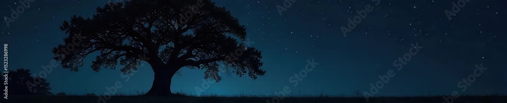 Naklejka premium Silhouette of a majestic oak tree against a deep black night sky, stars twinkling faintly Perfect for moody nature, Halloween, or fantasy themes , woods, wilderness