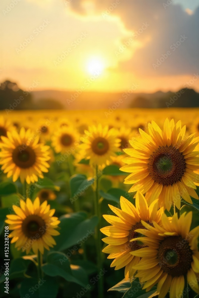 Obraz premium Golden hour sunlight bathes a vibrant yellow field of sunflowers, creating a stunning display of nature's beauty Perfect for summer, nature, and growth themes , yellow, leaf, development