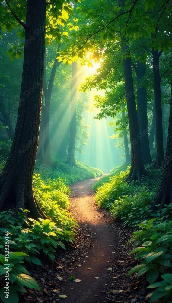 Fototapeta premium A winding, sun-dappled path meanders through a lush forest, creating a magical, mysterious atmosphere Sunlight filters through the leaves, illuminating the path ahead , road, mysterious, path