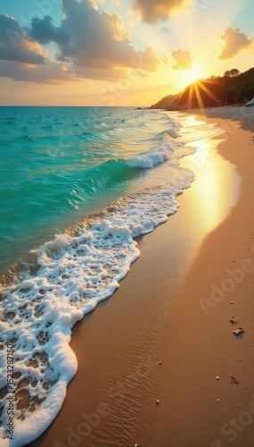 Golden sand meets turquoise ocean on a pristine beach; gentle waves caress the shore at sunset Perfect for travel, vacation, or coastal themed projects , bright, tropical, getaway