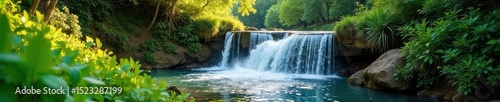 Cascading spring waterfall, vibrant green foliage, sunlight dappling the water Perfect for nature, travel, and environmental themes Stunning natural beauty in full bloom , park, river