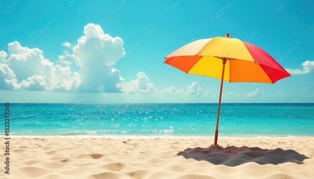 Vibrant beach umbrella providing shade on a sunny day, casting a shadow on the golden sand Perfect for summer vacation, relaxation, and coastal imagery , colorful, blue Vibrant beach umbrella providing shade on a sunny day, casting a shadow on the golden sand Perfect for summer vacation, relaxation, and coastal imagery , colorful, blue