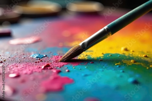 Close-up of a paintbrush resting on a vibrant, colorful artist's palette, ready for the next stroke of creative genius The scene is bathed in soft, natural light , genius, texture