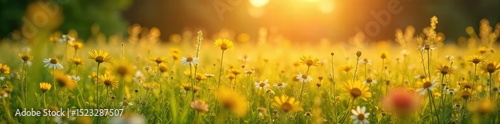 Golden sunlight bathes a vibrant summer meadow, wildflowers swaying gently in the breeze A perfect scene of idyllic rural beauty, teeming with life , countryside, vegetation, breeze