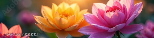 Close-up of vibrant, colorful flowers, petals softly illuminated, suggesting the gentle breath of nature A tranquil, floral scene perfect for relaxation and well-being themes , serene, plant