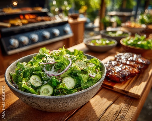 A delicious fresh green salad with cucumber and onion sits on a wooden table beside grilled meat, with a grill and other salads visible in the background outside.
