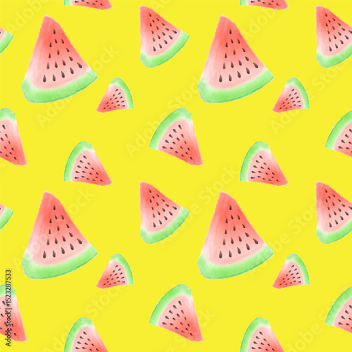 Watercolor watermelon seamless pattern with bright yellow background. Juicy watermelon slices with seeds in hand painted style. Fresh summer fruit for wrapping paper, watermelon trendy wrap design.