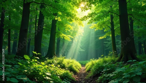 Lush green forest canopy, sunlight filtering through leaves, creating dappled shadows on the forest floor Perfect for nature, environment, and ecology themes , woodland, life