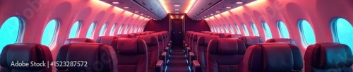 Luxurious airplane cabin interior with plush seating, overhead compartments, and mood lighting Perfect for travel, luxury, and aviation concepts , amenities, mood lighting, aerospace