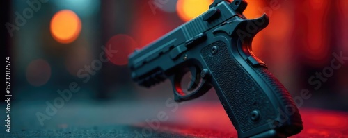 Close-up shot of a handgun with blurred background, symbolizing the debate surrounding gun control and violence prevention , constitution, politics, firearm