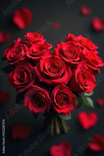 Close-up shot of a heart-shaped arrangement of vibrant red roses, signifying passionate love and deep appreciation , floral, passion