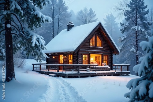 Cozy cabin nestled in a snowy landscape, windows covered in frost, creating a secluded winter haven Perfect for winter escape, cozy home, holiday themes , cabin, tranquil