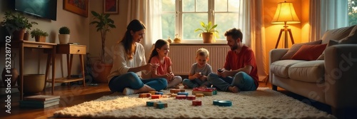 Cozy family living room scene, warm lighting, comfortable furniture, games scattered on the floor, creating a feeling of togetherness and domestic bliss , house, pillows