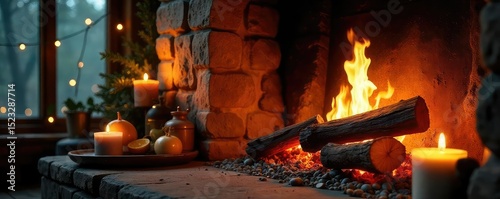 Cozy fireplace decorated with glowing embers, firewood, and flickering candlelight creating a warm and inviting ambiance for a relaxing evening , minimalist, decor