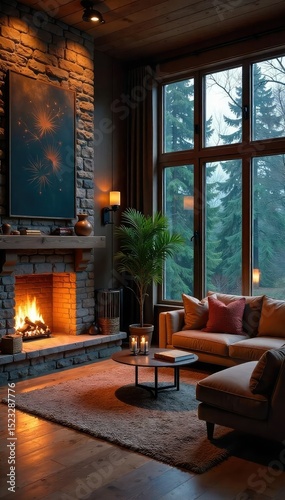 Cozy living room with a fireplace, large windows, and comfortable furniture, perfect for a relaxing evening at home , apartment, sofa