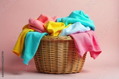 Overfull woven laundry basket overflowing with brightly colored clothes, shirts, towels and bedding Ready for washing or folding Home organization and cleaning concept , clothes, laundry day, order