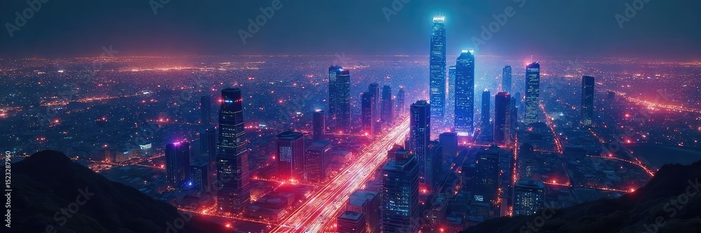 Fototapeta premium A futuristic cityscape at night, glowing with holographic displays and flying vehicles, sound waves emanating from a central point, suggesting listening to the future , innovation, mystery