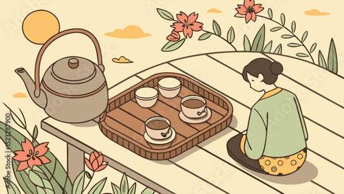 Woman enjoying tea ceremony outdoors