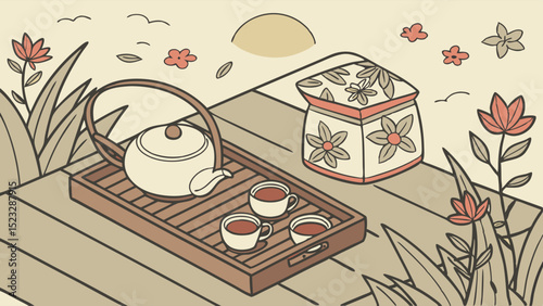 Artistic Illustration of Tea Ceremony with Teapot Cups and Flowers